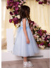 Pearl Neck Sky Blue Satin Polka Dot Tulle Flower Girl Dress